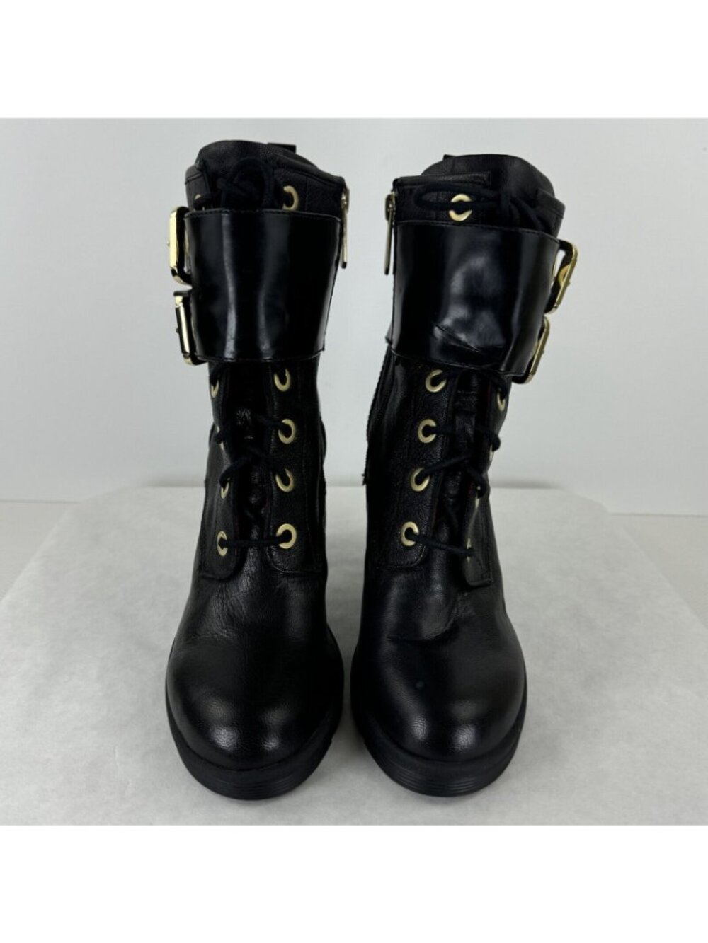 Guess Finlay Black Side Zip High Heel Leather Boots Womens Sz 8.5M Buckle Strap - Picture 5 of 16